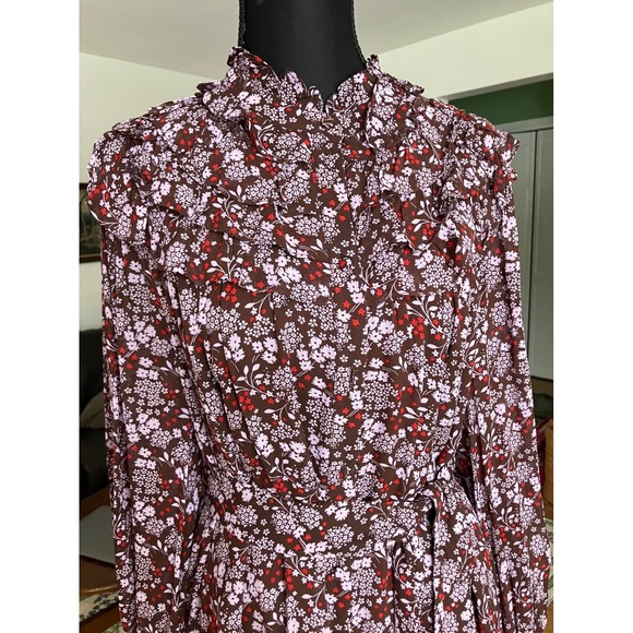 Boden Burgundy Floral Ruffle Long Dress Long Sleeve Smocked Cuff Sz 12 - Picture 3 of 11